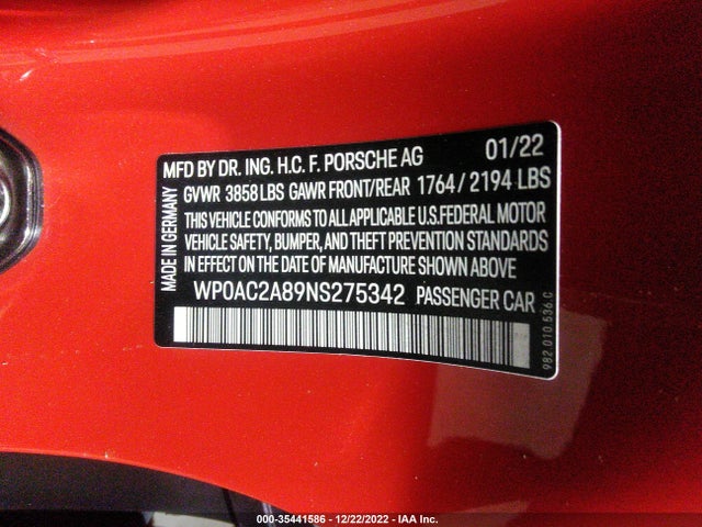 2022 Porsche 718, VIN: WP0AC2A89NS275342