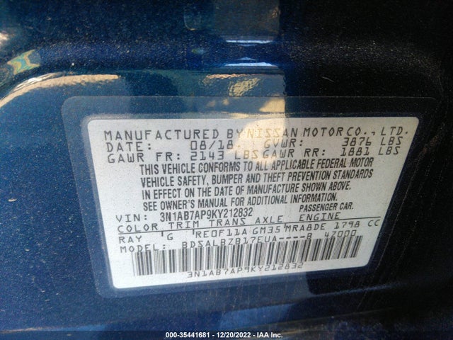 2019 NISSAN SENTRA S VIN: 3N1AB7AP9KY212832