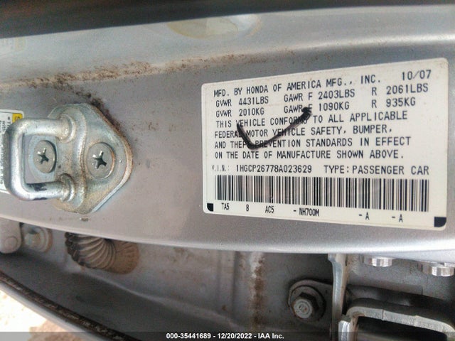 2008 HONDA ACCORD SDN EX VIN: 1HGCP26778A023629