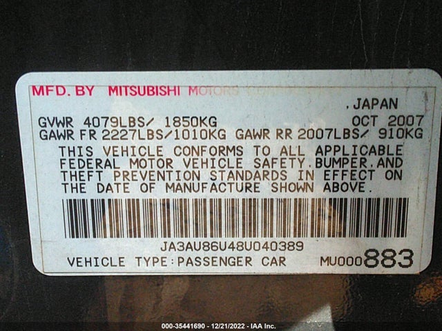 Mitsubishi Lancer 2008 JA3AU86U48U040389 Image 10