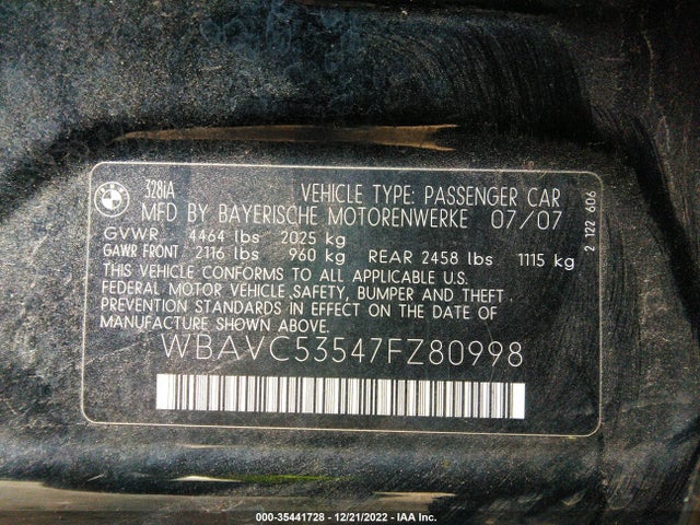 2007 BMW 3 SERIES 328I VIN: WBAVC53547FZ80998