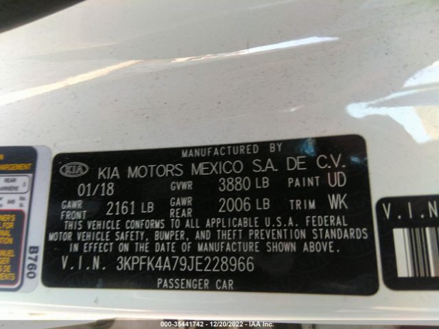 3KPFK4A79JE228966 KIA FORTE LX