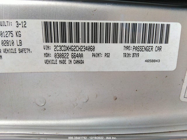 2012 DODGE CHARGER SXT VIN: 2C3CDXHG2CH234060