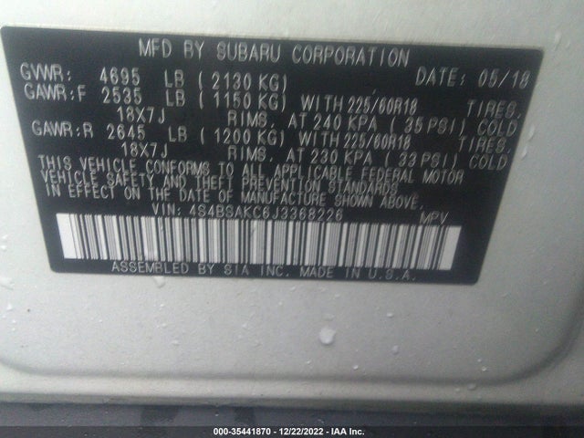 2018 SUBARU OUTBACK LIMITED VIN: 4S4BSAKC6J3368226