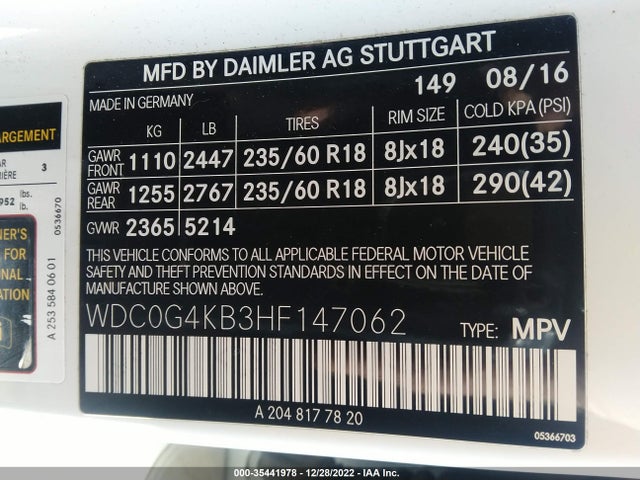 2017 Mercedes-Benz GLC-Class, VIN: WDC0G4KB3HF147062