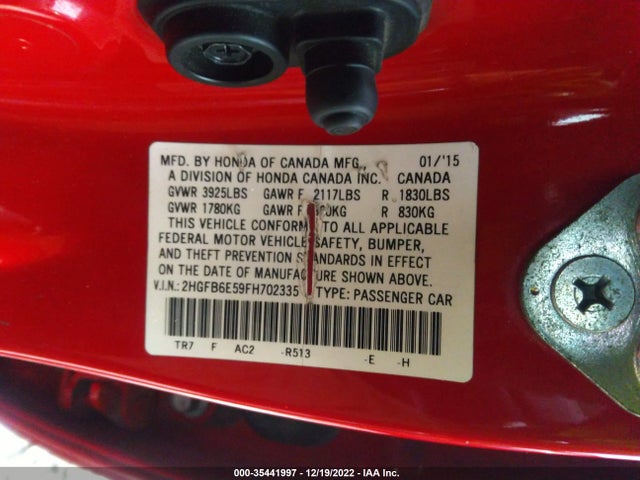 Honda Civic Sedan Si 2015 2HGFB6E59FH702335 Image 9