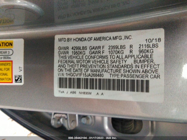 2018 HONDA ACCORD SEDAN LX 1.5T VIN: 1HGCV1F15JA268480