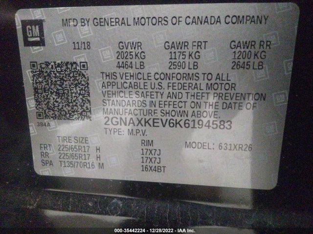 35442224 :رقم المزاد ، 2GNAXKEV6K6194583 vin ، 2019 Chevrolet Equinox Lt مزاد بيع