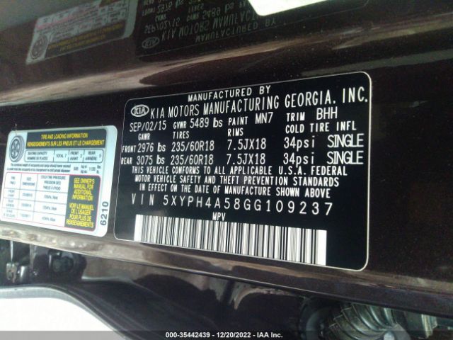 5XYPH4A58GG109237 KIA SORENTO EX