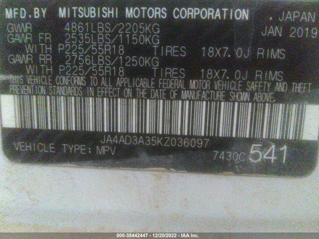 2019 Mitsubishi Outlander, VIN: JA4AD3A35KZ036097