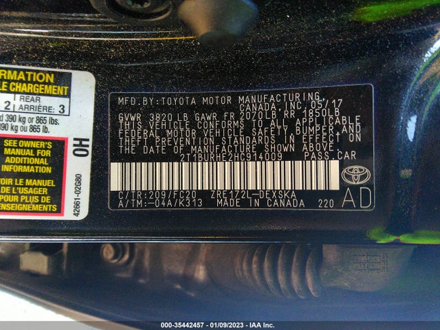 2017 TOYOTA COROLLA L/LE/XLE/SE VIN: 2T1BURHE2HC914009