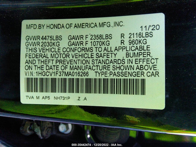 2021 HONDA ACCORD SEDAN SPORT VIN: 1HGCV1F37MA016266