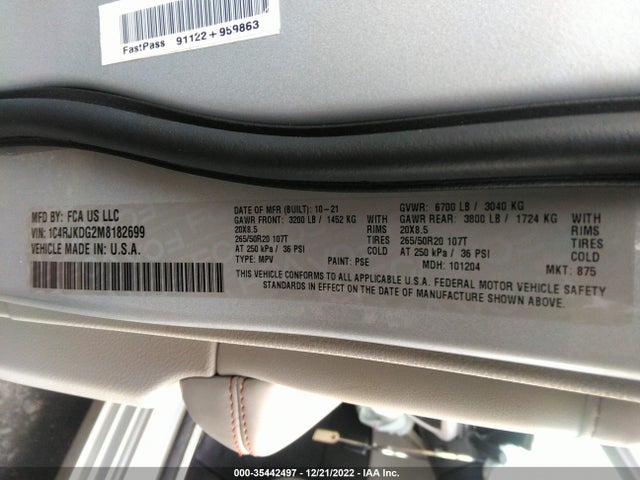1C4RJKDG2M8182699 Jeep Grand Cherokee L Overland