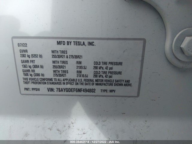 Tesla Model Y Performance 2022 7SAYGDEF6NF494802 Image 10