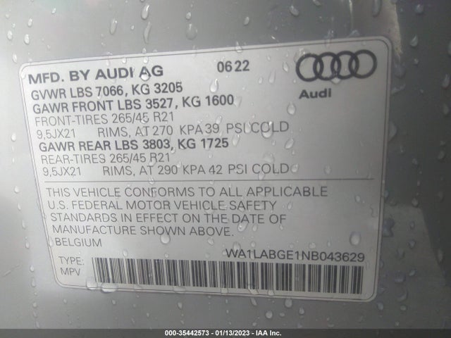 2022 Audi e-tron, VIN: WA1LABGE1NB043629