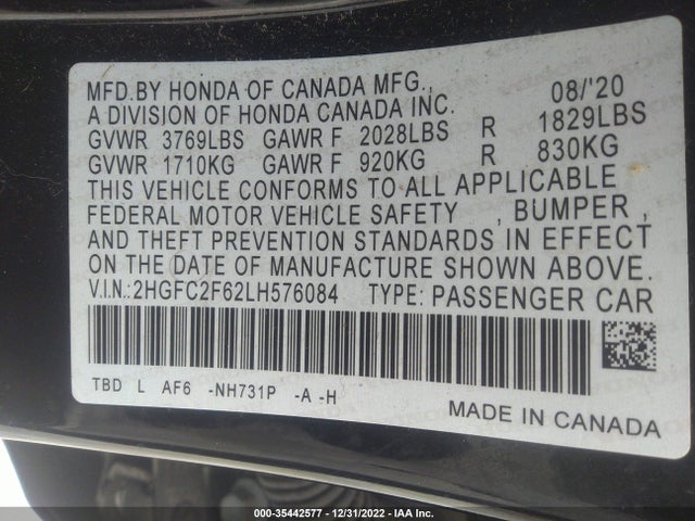 2020 HONDA CIVIC SEDAN LX VIN: 2HGFC2F62LH576084