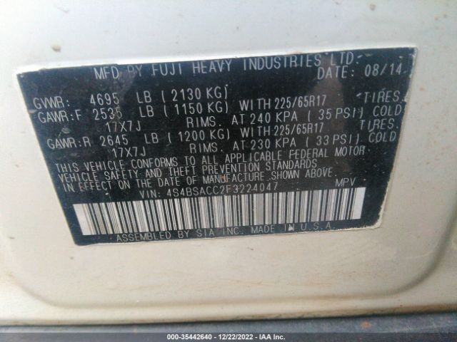 4S4BSACC2F3224047 Subaru Outback 2.5i Premium