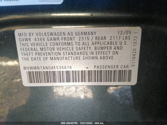 2010 VOLKSWAGEN CC SPORT VIN: WVWMN7AN0AE536876