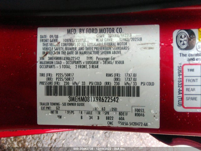 2009 MERCURY MILAN PREMIER VIN: 3MEHM081X9R622542