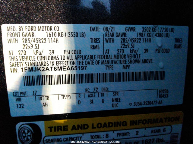 2021 FORD EXPEDITION MAX LIMITED VIN: 1FMJK2AT6MEA65197