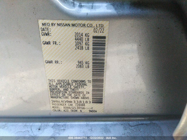 2022 NISSAN ALTIMA 2.0 SR VIN: 1N4AL4CV9NN338183