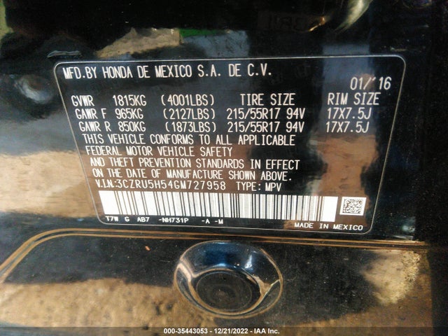 2016 Honda HR-V, VIN: 3CZRU5H54GM727958