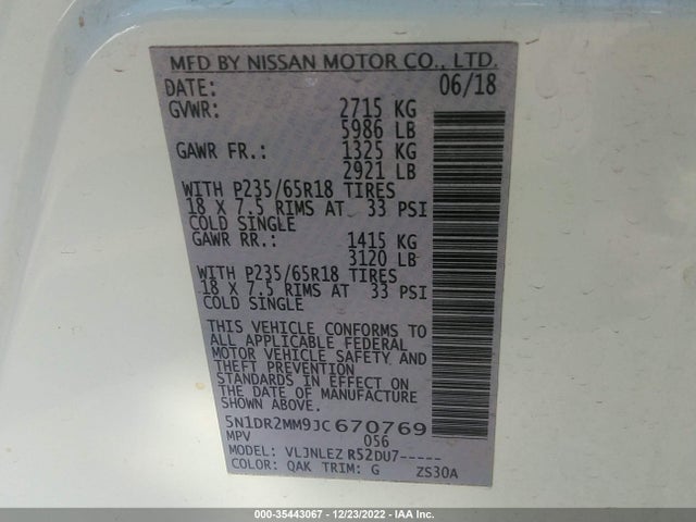 2018 Nissan Pathfinder, VIN: 5N1DR2MM9JC670769