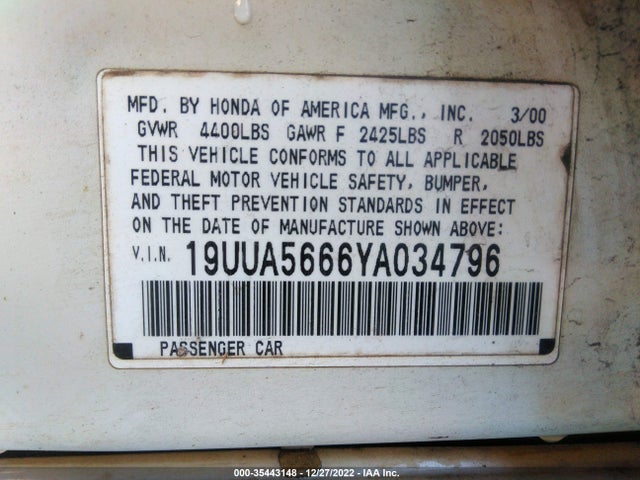 2000 ACURA TL VIN: 19UUA5666YA034796