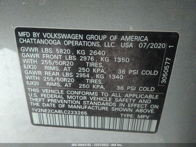 2020 Volkswagen Atlas, VIN: 1V2NE2CA8LC223265