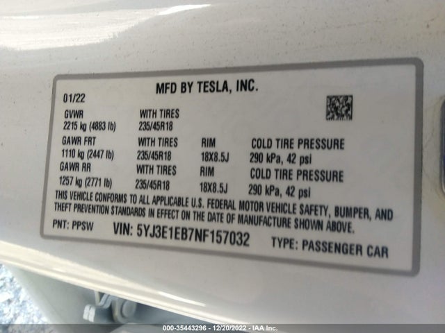 Tesla Model 3 Long Range 2022 5YJ3E1EB7NF157032 Image 9
