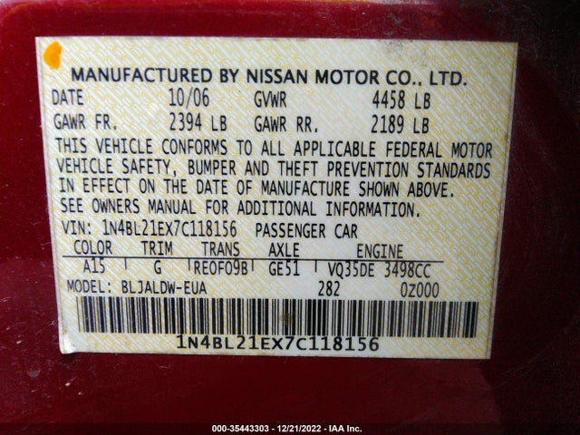 2007 NISSAN ALTIMA 3.5 SE VIN: 1N4BL21EX7C118156