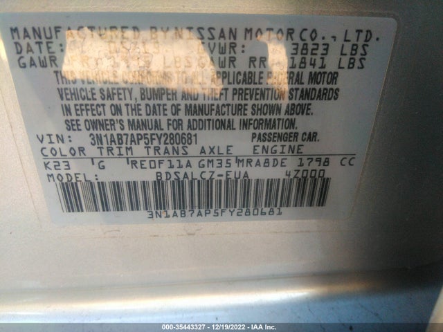 2015 NISSAN SENTRA S VIN: 3N1AB7AP5FY280681