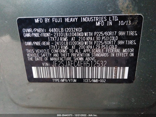 2014 SUBARU FORESTER 2.5I PREMIUM VIN: JF2SJAEC4EH512532