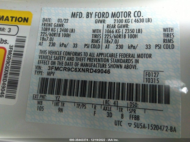 2022 Ford Bronco, VIN: 3FMCR9C6XNRD49046