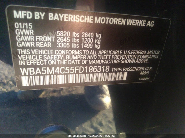 2015 BMW 5 SERIES GRAN TURISMO 535I XDRIVE VIN: WBA5M4C55FD186318