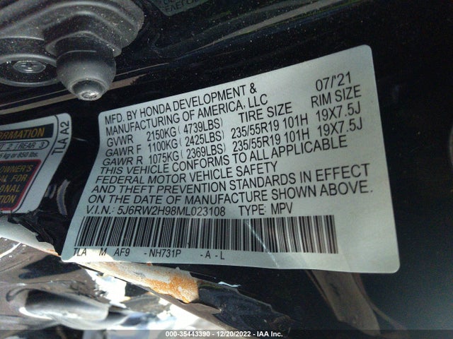 2021 HONDA CR-V TOURING VIN: 5J6RW2H98ML023108