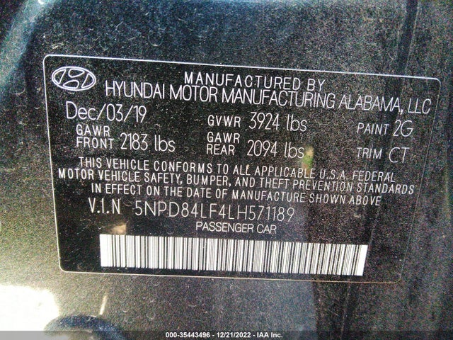 2020 HYUNDAI ELANTRA SEL VIN: 5NPD84LF4LH571189