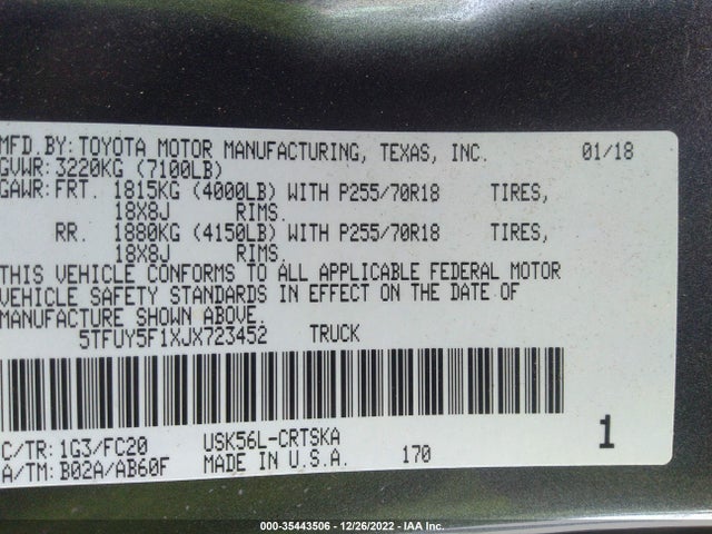 2018 Toyota Tundra, VIN: 5TFUY5F1XJX723452