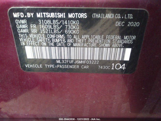 ML32FUFJ6MHF03222 Mitsubishi Mirage G4 Es/le/carbonite Edition