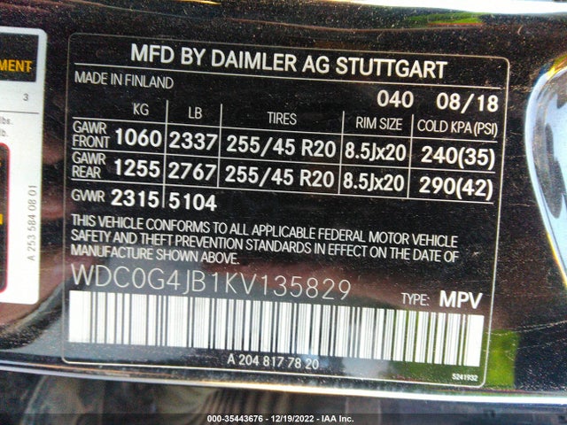 2019 Mercedes-Benz GLC-Class, VIN: WDC0G4JB1KV135829