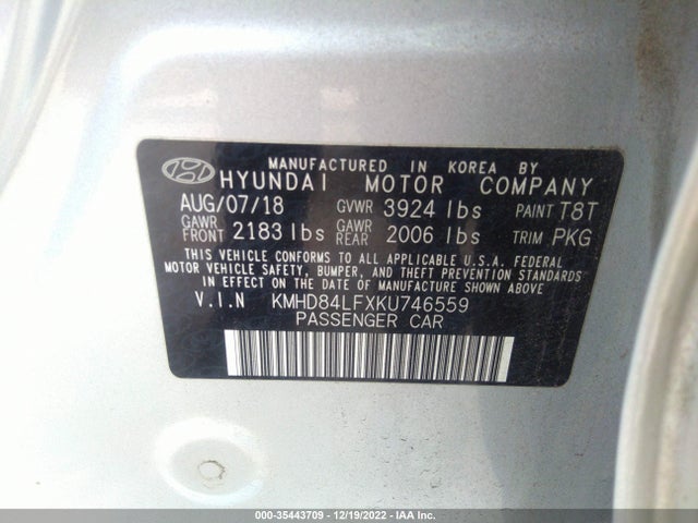 2019 HYUNDAI ELANTRA SEL VIN: KMHD84LFXKU746559
