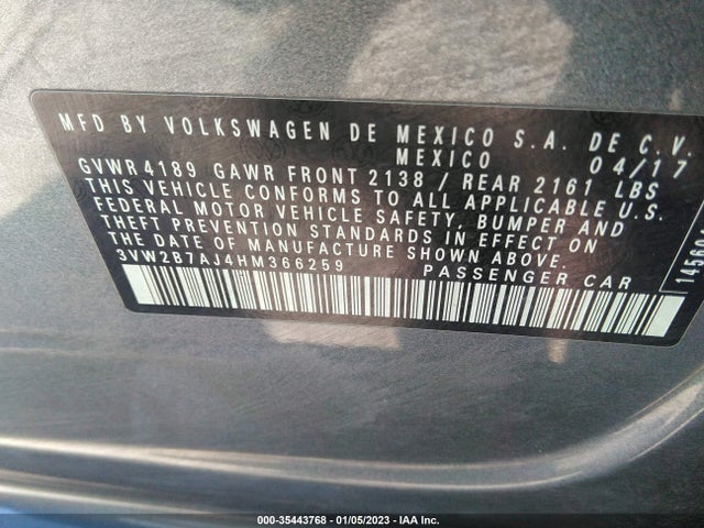 2017 VOLKSWAGEN JETTA 1.4T S VIN: 3VW2B7AJ4HM366259
