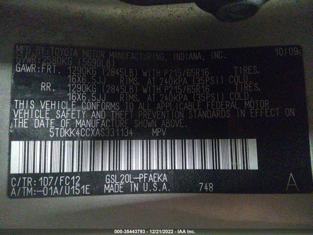 2010 TOYOTA SIENNA CE/LE VIN: 5TDKK4CCXAS331134