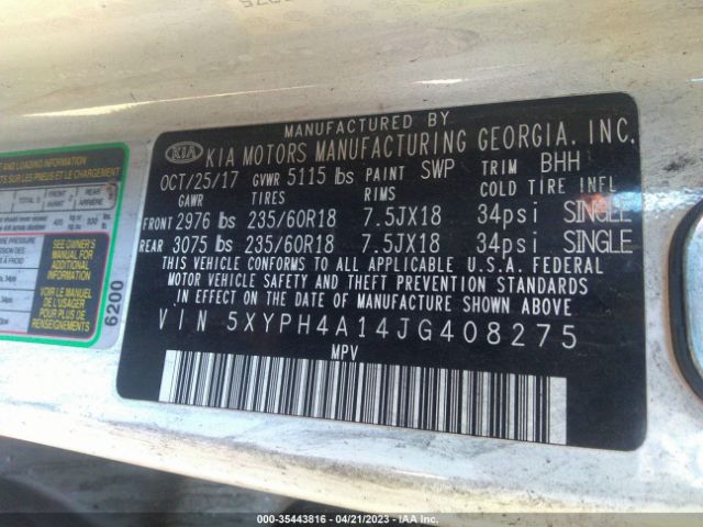 5XYPH4A14JG408275 KIA SORENTO EX