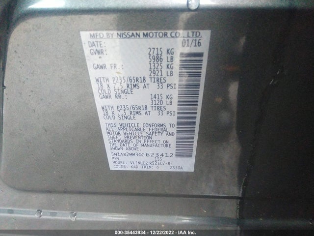 2016 Nissan Pathfinder, VIN: 5N1AR2MM3GC623412