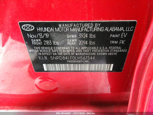 2020 HYUNDAI ELANTRA SEL VIN: 5NPD84LF0LH567544