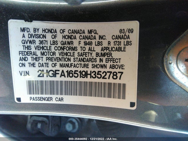 2009 HONDA CIVIC SDN LX VIN: 2HGFA16519H352787