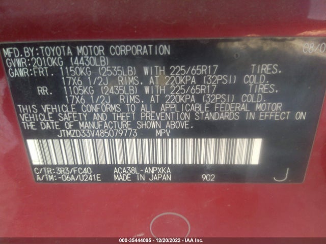 2008 TOYOTA RAV4 VIN: JTMZD33V485079773