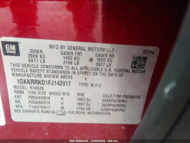 GMC ACADIA SLT 2015 1GKKRRKD1FJ142917 Image 9