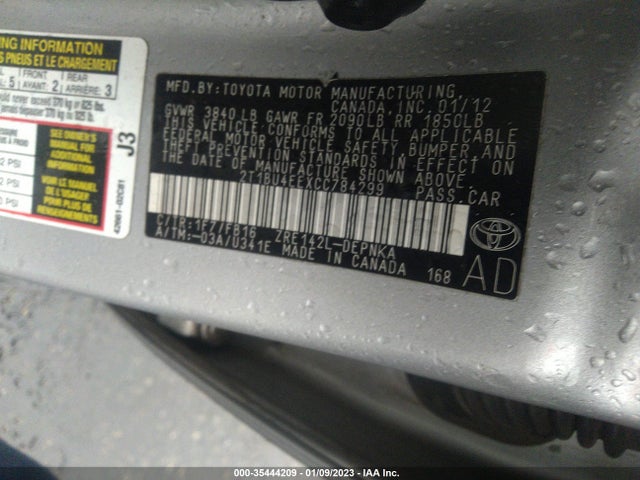 2012 TOYOTA COROLLA L/LE/S VIN: 2T1BU4EEXCC784299